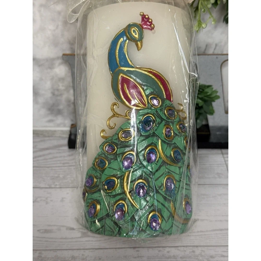 Vintage‎ Pier 1 Imports Peacock Candle Rhinestone Feather Pillar Home Décor Gift